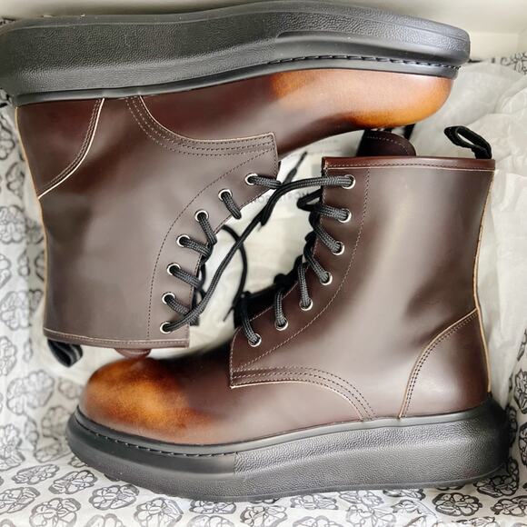 Alexander McQueen Plain Toe Combat Boots Brown Burnt Orange Leather Men Size 9.5 - Picture 6 of 13